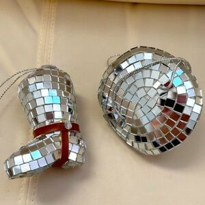 DISCO MIRROR SILVER COWBOY HAT And Cowboy Boot CHRISTMAS ORNAMENT Country Texas